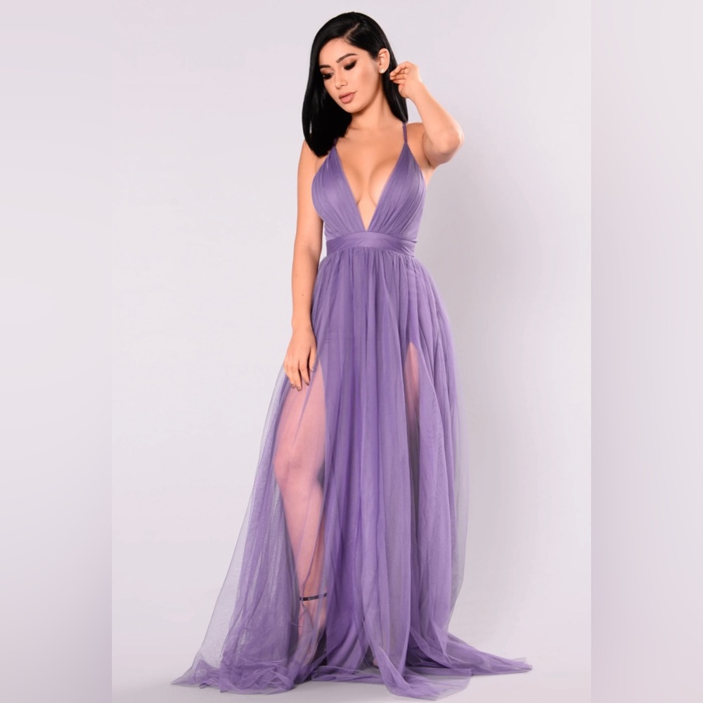 Long Purple Criss Cross Open Back Tulle Maxi Dress